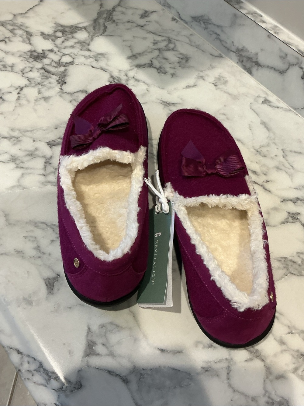 REVITALIGN Women's Plush Moccasin Slippers in Berry